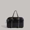 Korean-Style Boston Wax Leather Handbag with Bow Accent