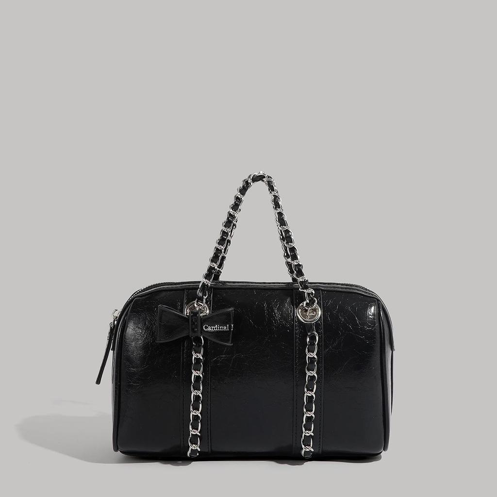 Korean-Style Boston Wax Leather Handbag with Bow Accent
