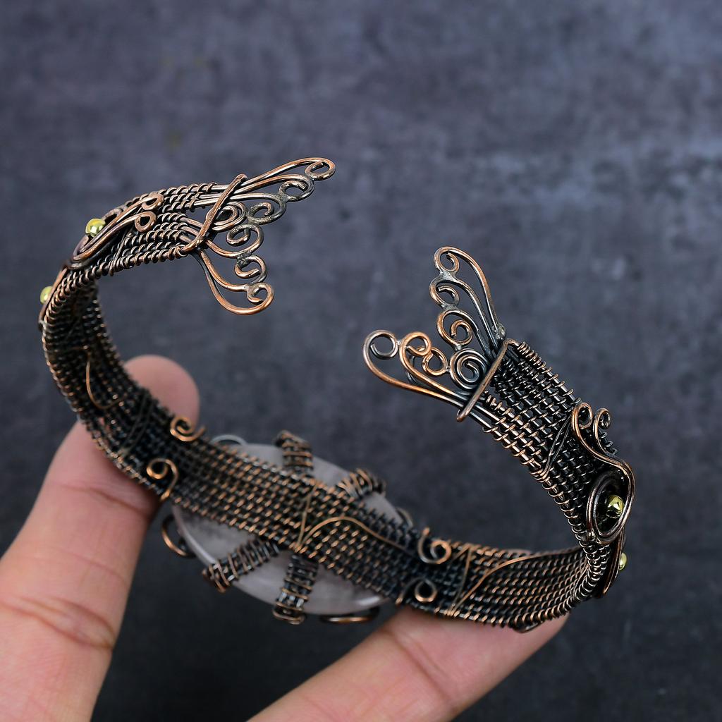 Rose Quartz Handmade 925 Sterling Silver Cuff Bangle Adjustable S4v94