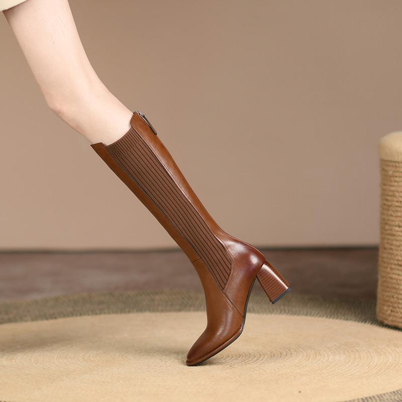 

Women s Stretch Long Boots Chunky Heel Retro Brown Knee-High Boots Elastic Comfortable Botas Mujer Autumn Winter Fashion Shoes 35 коричневый