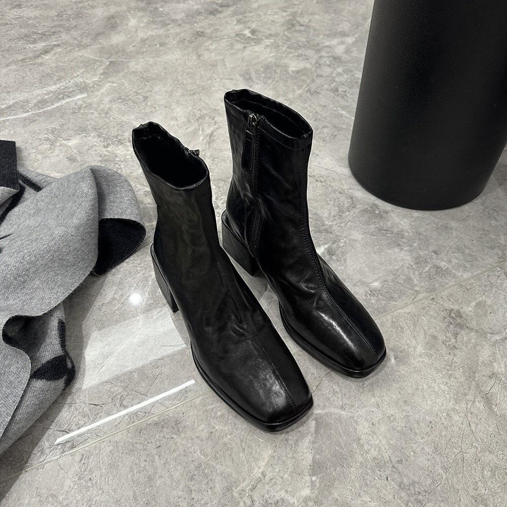 Fyrkantig tå Retro Skinny Stövletter Korta Stövlar Dam Tjock Klack Små Ankelstövlar Brittiska Martin Stövlar Enkla Stövlar