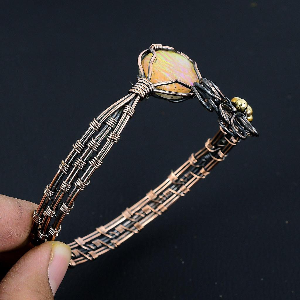 Australian Triplet Opal Bangle, Handmade Gemstone Bangle, 999 Copper Wire Wrapped Antique Jewelry, For Engagement Gift