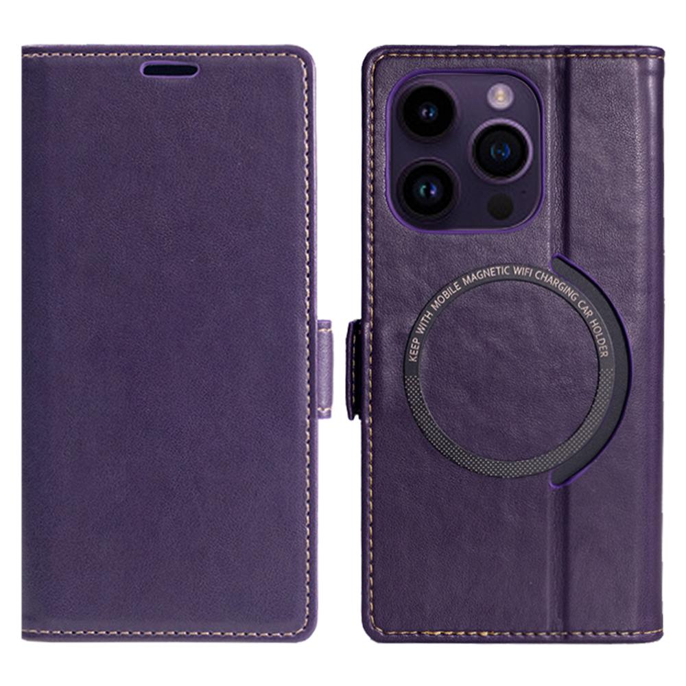 

For iPhone 15 Pro Case Compatible with MagSafe Wallet Stand Leather Flip Phone Cover Purple