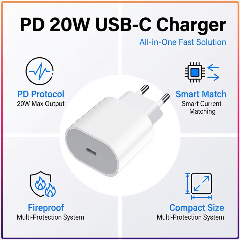 Original Portable 20W USB-C PD Fast Charging Charger EU Plug Type C Wall Power Adapter For iPhone 8 To 17 iPad AirPods