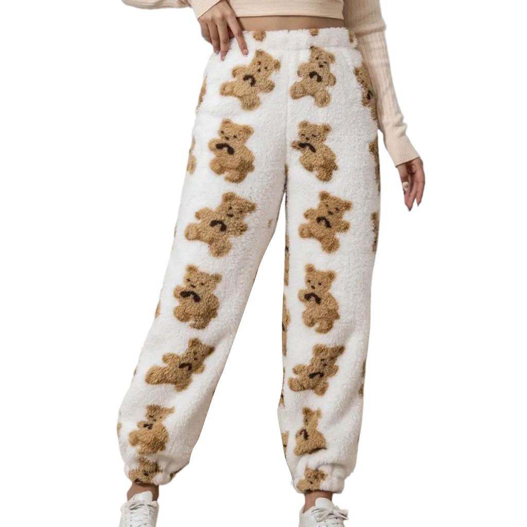 Ladies Plus Velvet Padded  Winter Home Pants Casual Pants Cute Printed Girls Pants