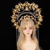 Exaggerated Oversized Sun Goddess Angel KC Halo Crown Queen Headpiece Gold  Baroque Pearl Tiara  Lolita Headband for Photo Prop