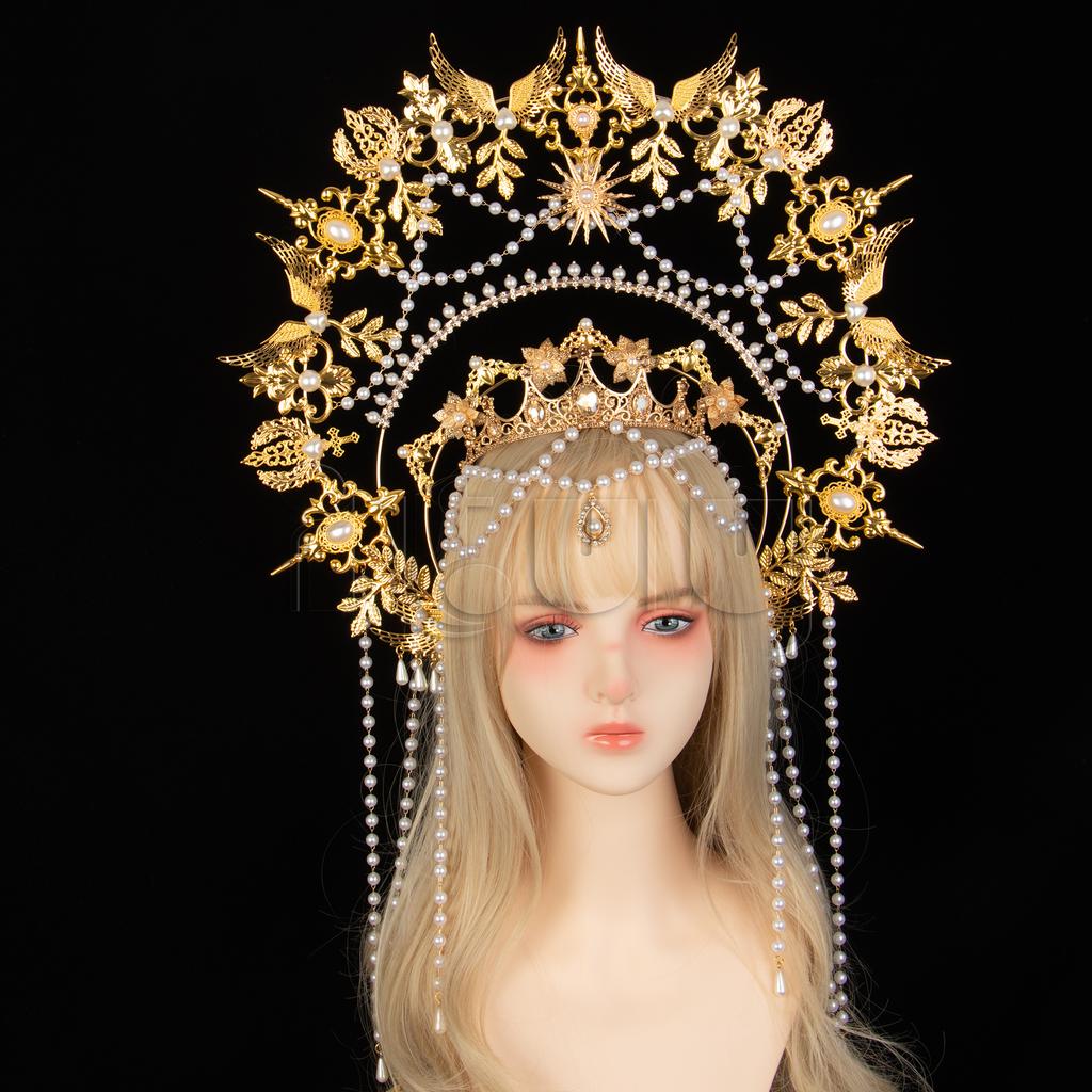 Exaggerated Oversized Sun Goddess Angel KC Halo Crown Queen Headpiece Gold Baroque Pearl Tiara Lolita Headband for Photo Prop