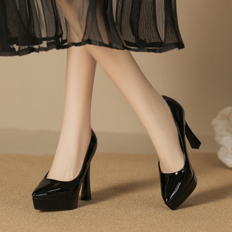 Black Waterproof Table High Heels Women's 2025 Autumn New Thick Heel Pointed Temperament Advanced Not Tired Feet Professional Single Shoes