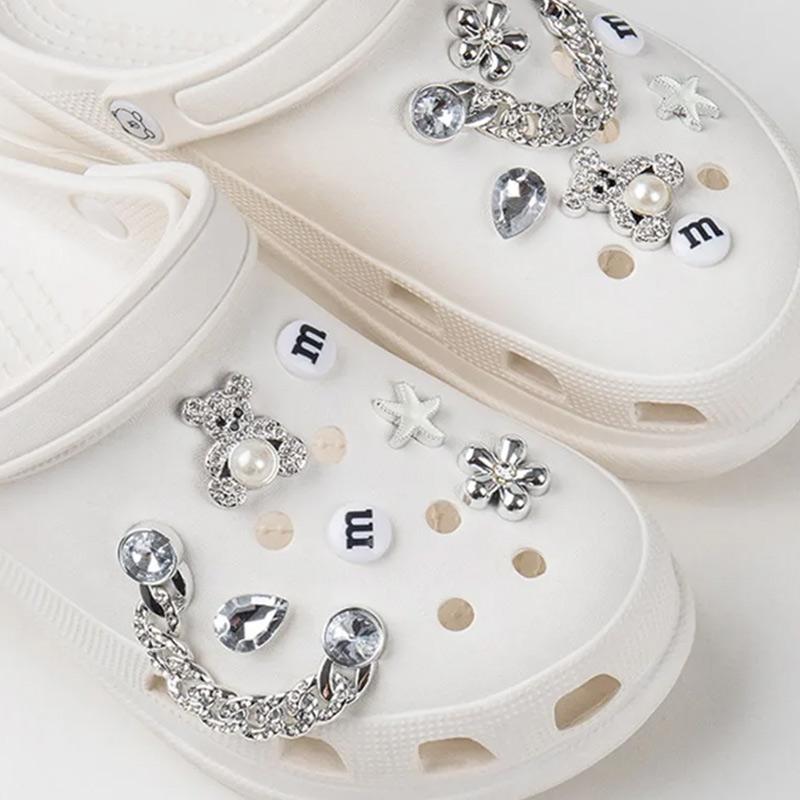 14PCS Fashion Shoe Charms Set Accessories Hole Shoe Buckle Cute Bear Rhinestone Chain DIY 3D Shoes Decorations