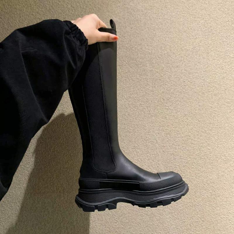 Cowhide Version~ Height-increasing Leather Muffin Thick-soled Knight Boots Women's Tall Boots Elastic Boots High-heeled Boots