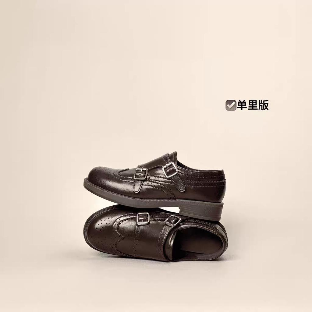 Retro double buckle thick heel small leather shoes women's spring and autumn new versatile engraved outer single shoes