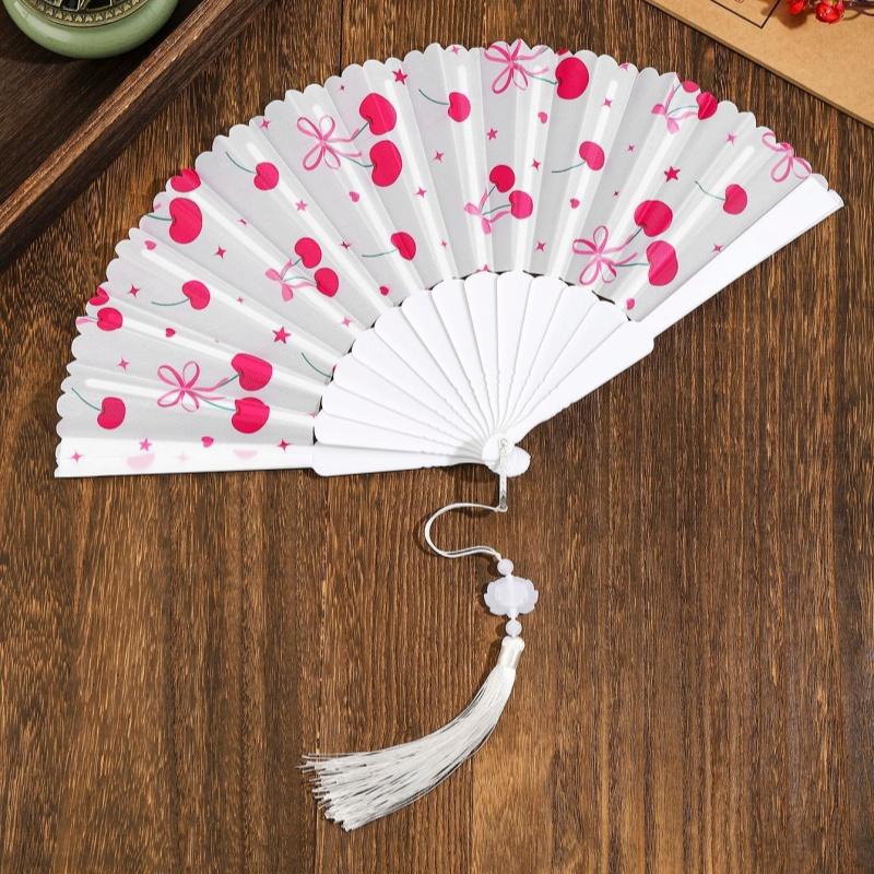 1Pcs Summer Folding Hand Fan Cherry Lemon Fruit Pattern Portable Plastic Frame Fabric Tassel Cooling Fan For Home Women