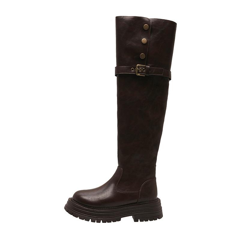 Thick-soled over-the-knee boots for women's 2025 autumn and winter new two-wear versatile soft leather retro thick-heeled knight boots long boots