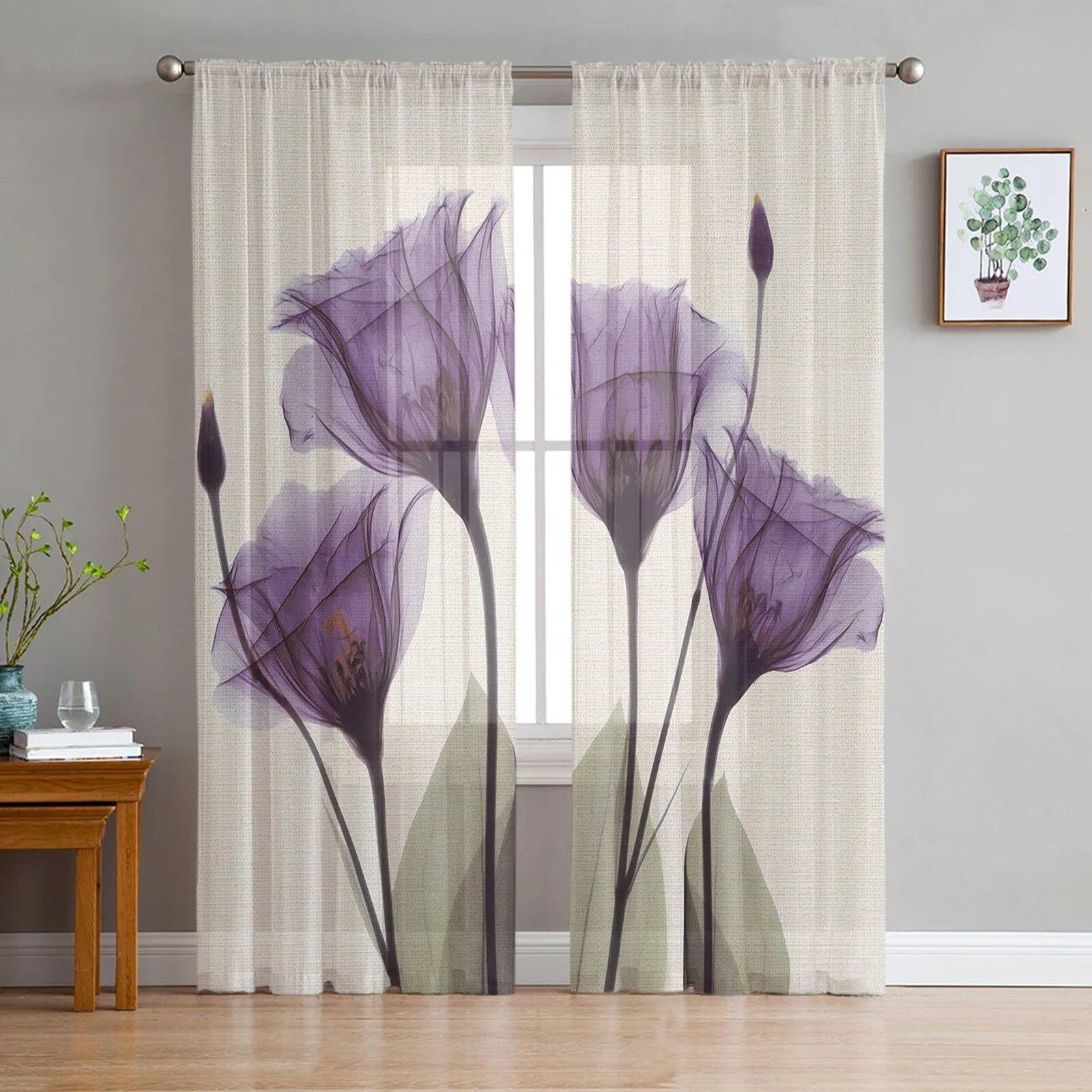 

Пасторальные фиолетовые цветочные абстрактные оконные шторы, прозрачный шифоновый тюль, занавеска для дома, гостиной, украшение для фона 135W x 274H(cm)