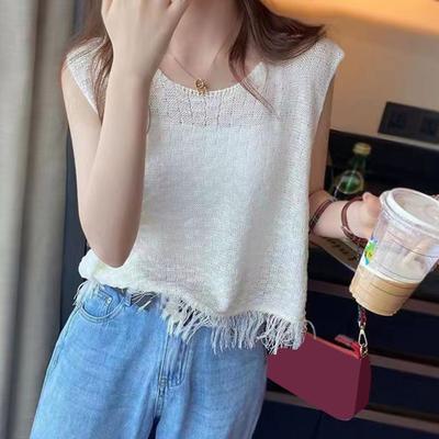 Damen Weste Tops Rundhals Ärmellos Quasten Saum Tanktops Einfarbig Locker Gestricktes Camisole Alltagskleidung