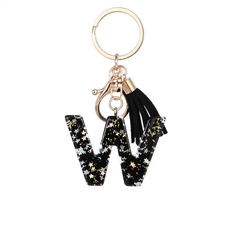 Black Glitter Star Sequins Resin 26 Letters Keychain Initials A-Z Keyring Tassel Charm Accessories Backpack Hanging Decoration