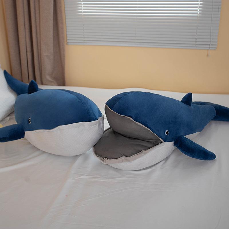 Large open mouth whale throw pillow plush toy doll big blue whale doll girl bed sleeping soothing doll