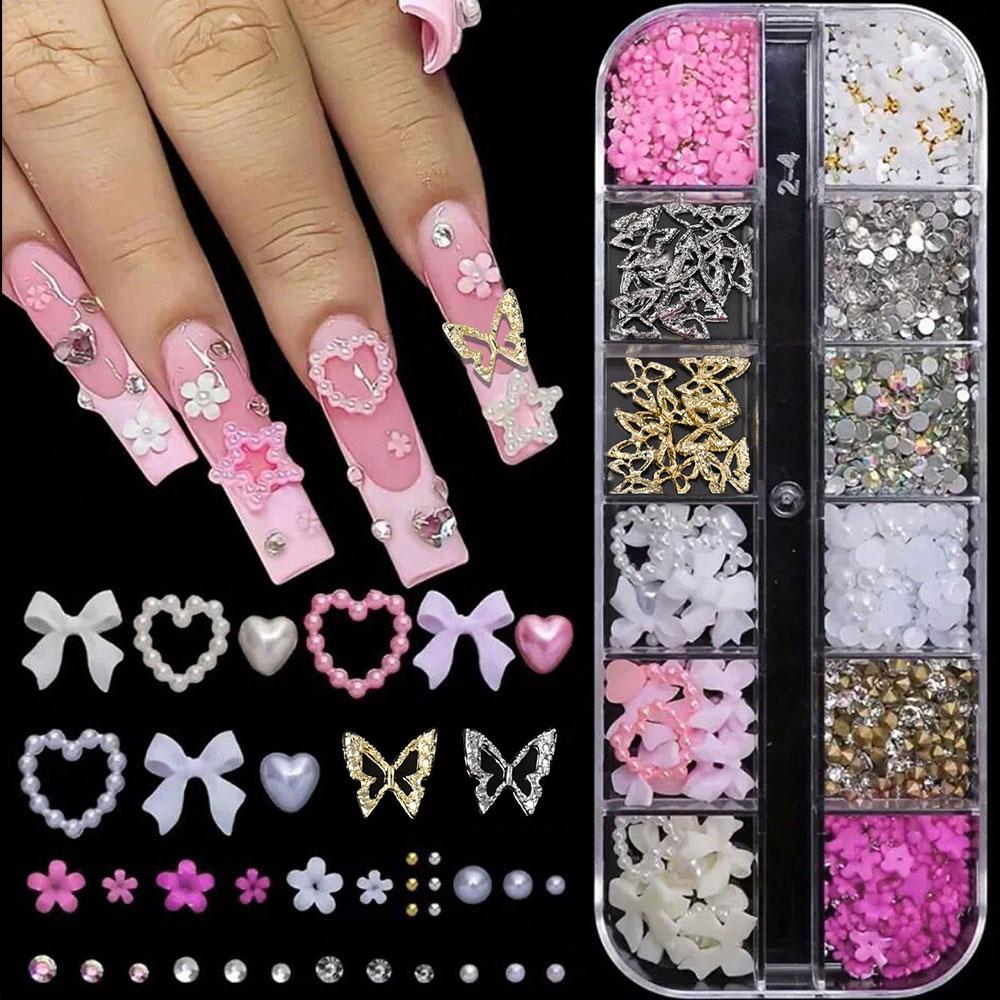12Grids/Box Mixed Resin Bowknot Nail Charms 3D Colorful Bow Kawaii Rhinestone Nail Art Decorations DIY Manicure Parts Pen Tweeze