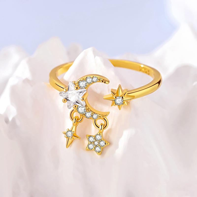 Copper Original Golden Glittering Stars Moon Ring Women'S Anniversary Gift Engagement Rings For Women Mens Jewelry