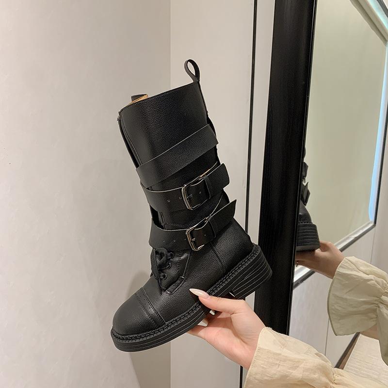 British Style Retro Medium Tube Knight Boots Women's 2025 Autumn and Winter New Soft Leather Thick Heel Belt Buckle Platform Fashion Boots