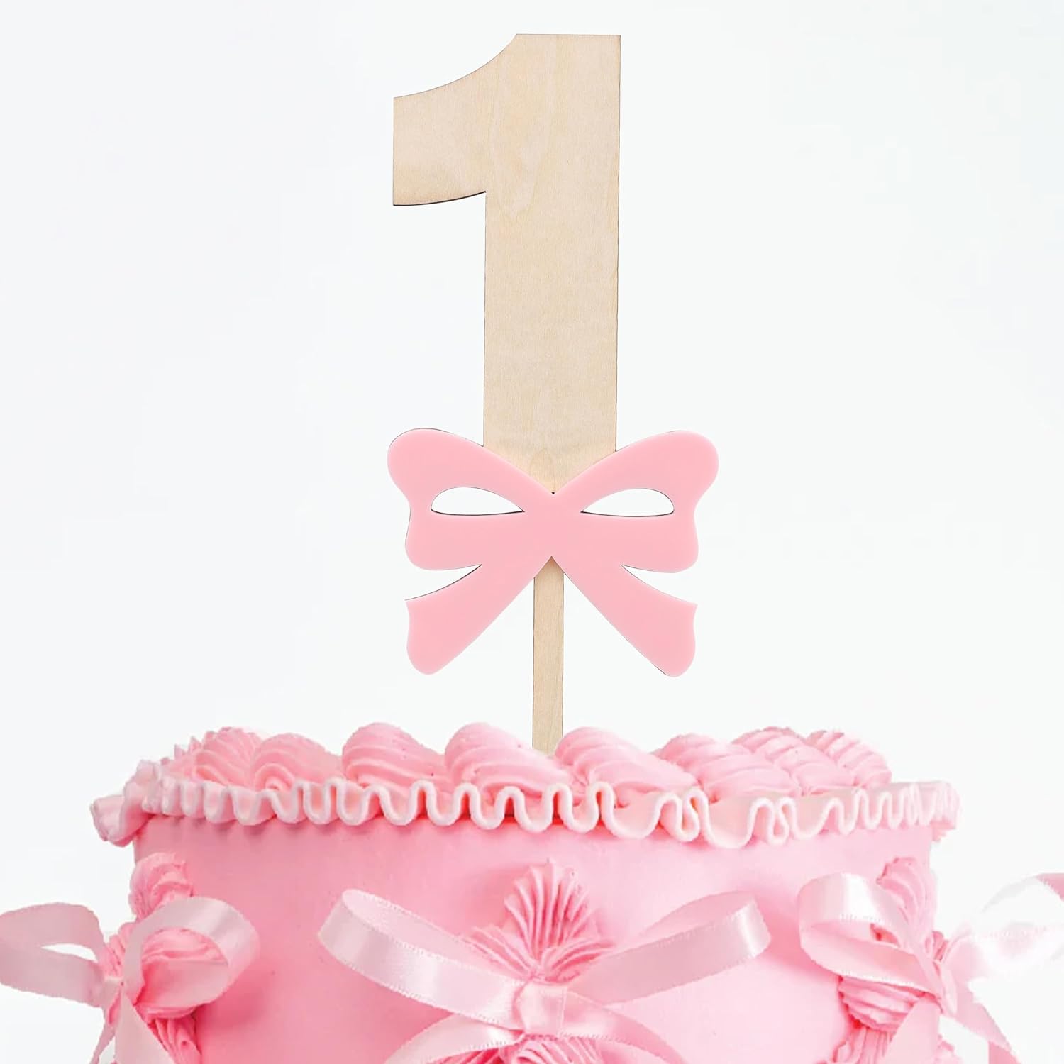 Wood Pink Bow 1st Birthday Cake Topper for Girls- Acrylic Pink Bow One Cake Topper, Pink Bow 1st Birthday Decor, Princess First Birthday Cake