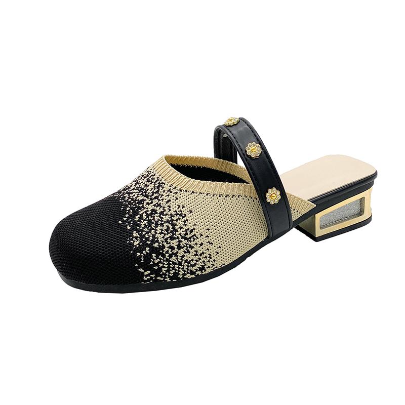 Fashion Spring New Baotou Slippers Women's Fashion Round Head Mesh Cloth Breathable Anti-slip Low Heel Slippers