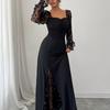Women's Elegant Square Neck Bubble Long Sleeve Mesh Insert Jacquard Maxi Dress 3D Slimming A-Line Swing Long Dress