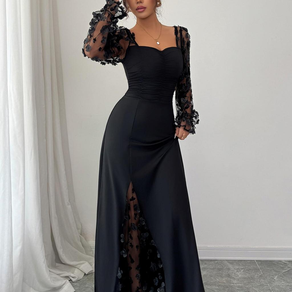 Women's Elegant Square Neck Bubble Long Sleeve Mesh Insert Jacquard Maxi Dress 3D Slimming A-Line Swing Long Dress