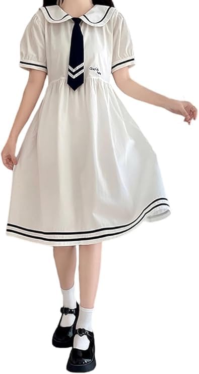 

Hanmall Белое платье морячки с коротким рукавом, квадратным воротником и однотонным галстуком LON146, Женское, Цвет, белый