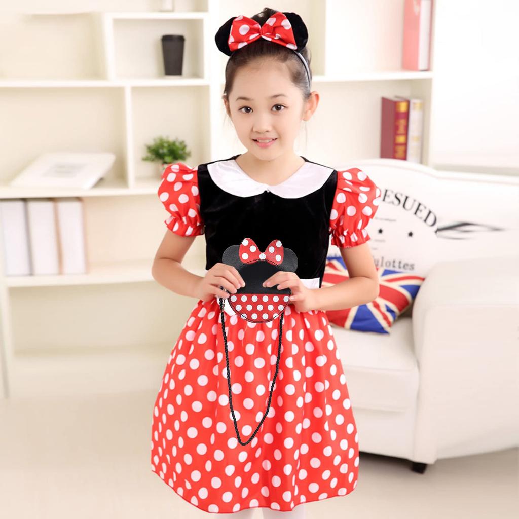 Mprocen Disney Minnie Mouse Costume, Mickey Mouse Costume for Kids, Perfect for Halloween and Christmas. Cute Polka Dot Skirt. Includes Dress, Bag,