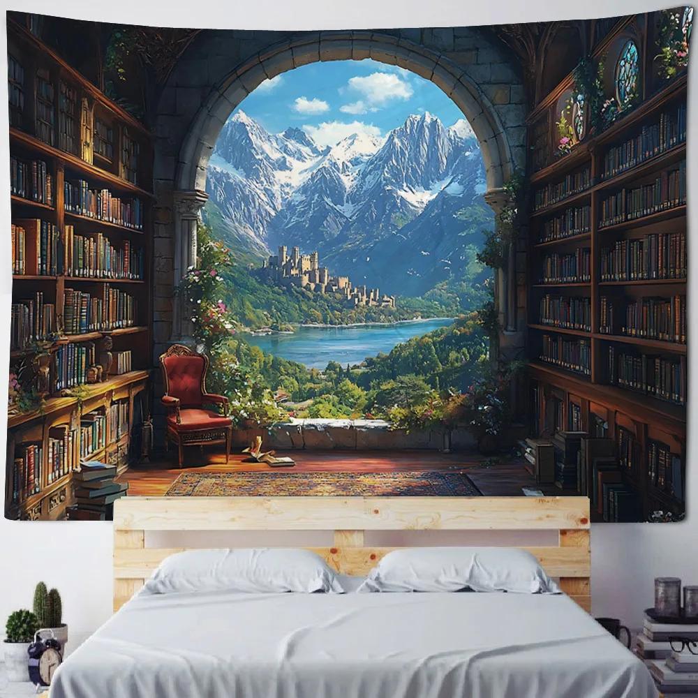 Magic Bookshelf Wall Mounted Tapestry Library, Living Room Background Cloth, Aesthetic Bedroom Decoration, Dreamy Home Decor