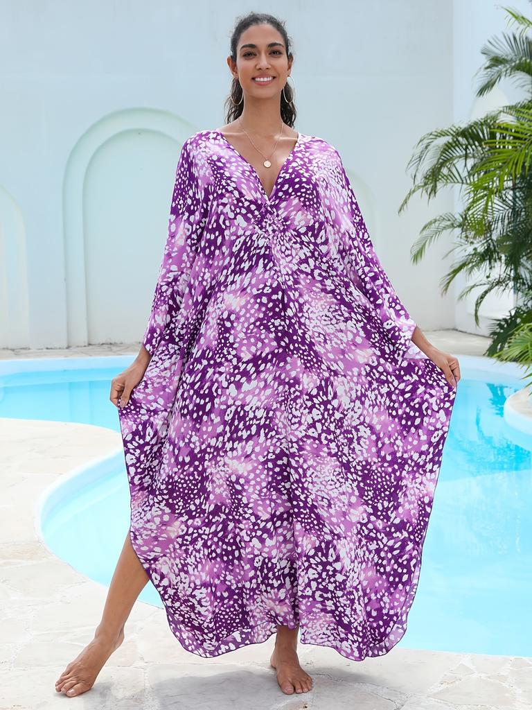 Vacation dress, long robe, loose positioned print beach cover-up, bikini dress