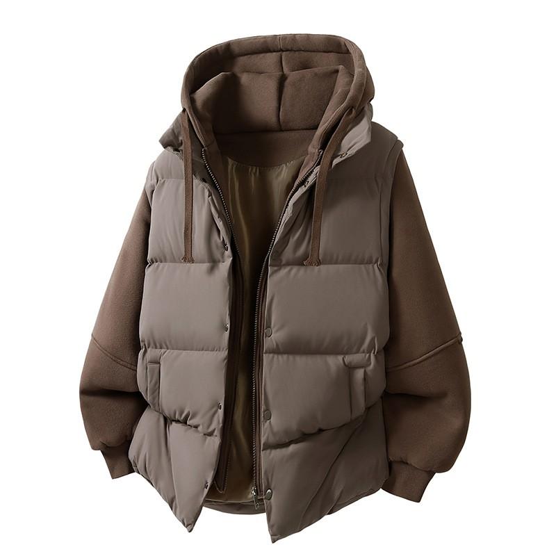 Mens Winter Puffer Jacket Faux Two-Piece Thick Hooded Loose Cotton Coat Teens