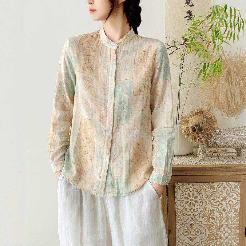 

2025 New Arrival Early Autumn Print Shirt Women s Spring and Autumn Loose Slim Looking Light National Style Shirt Long Sleeve Floral Bottoming Shirt Beige Print M