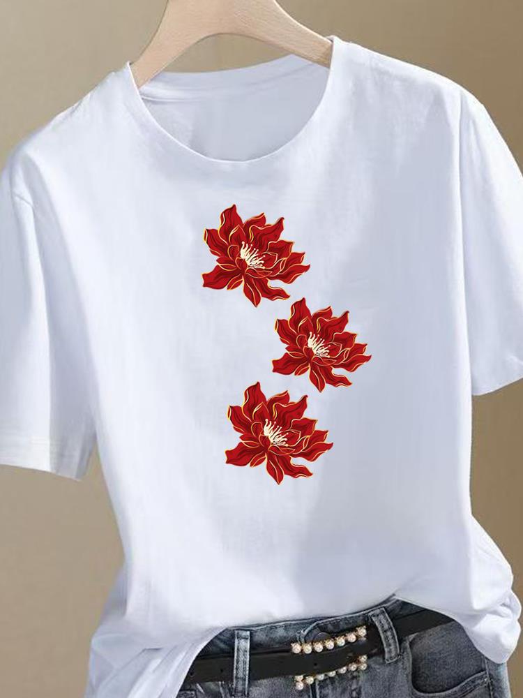 (Asian Size) Trend Flower Sweet Clothing Top Short Sleeve Graphic T-shirts Print Female T Shirt Woman Women Fashion Tee