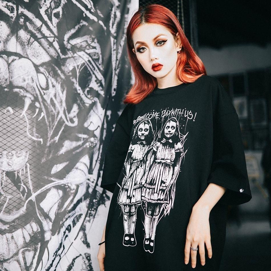 Damski gotycki T-shirt Przerażające Bliźniaczki Nadruk Czaszki Harajuku Nowość Odzież Topy Zmutowany Rockowy T-shirt Odzież Damska