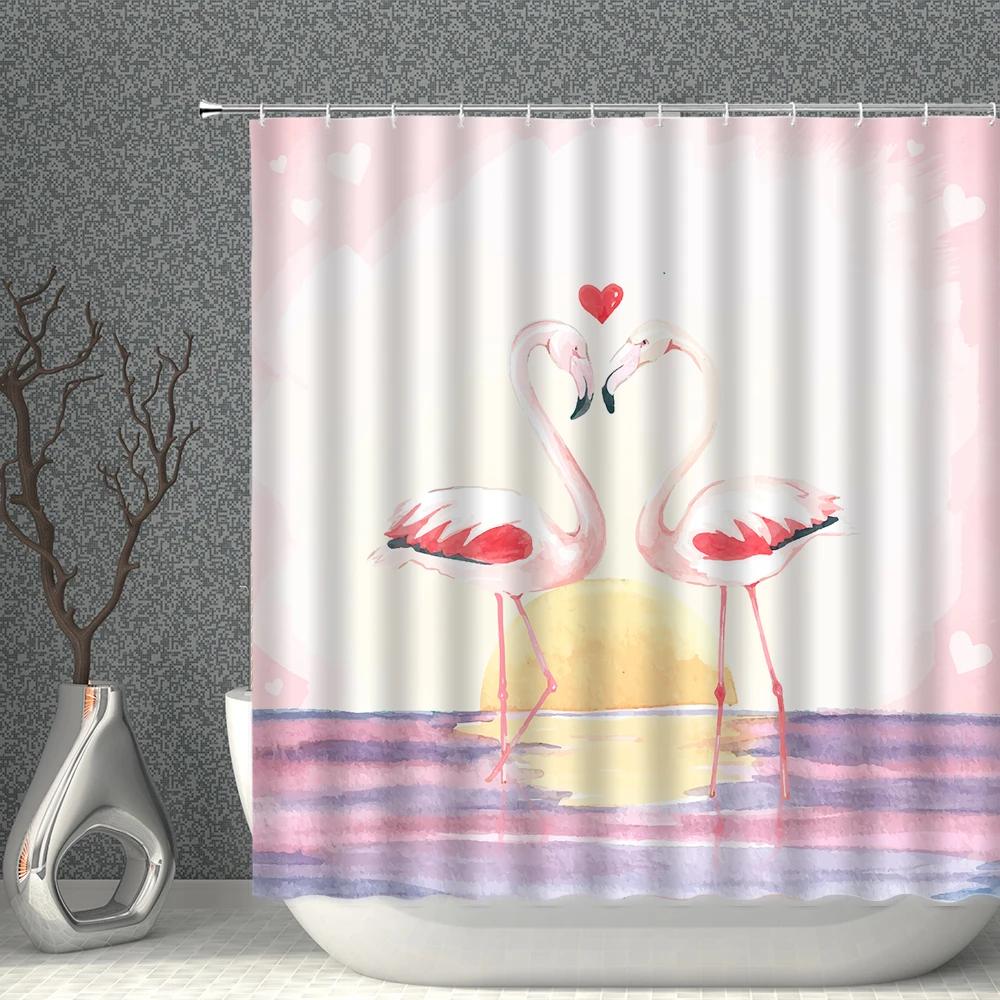 Flamingo Shower Curtains Green Leaf Pink Heart-Shaped Waterproof Polyester Cloth Curtain Set With Hooks Nordic Bath Room Decor