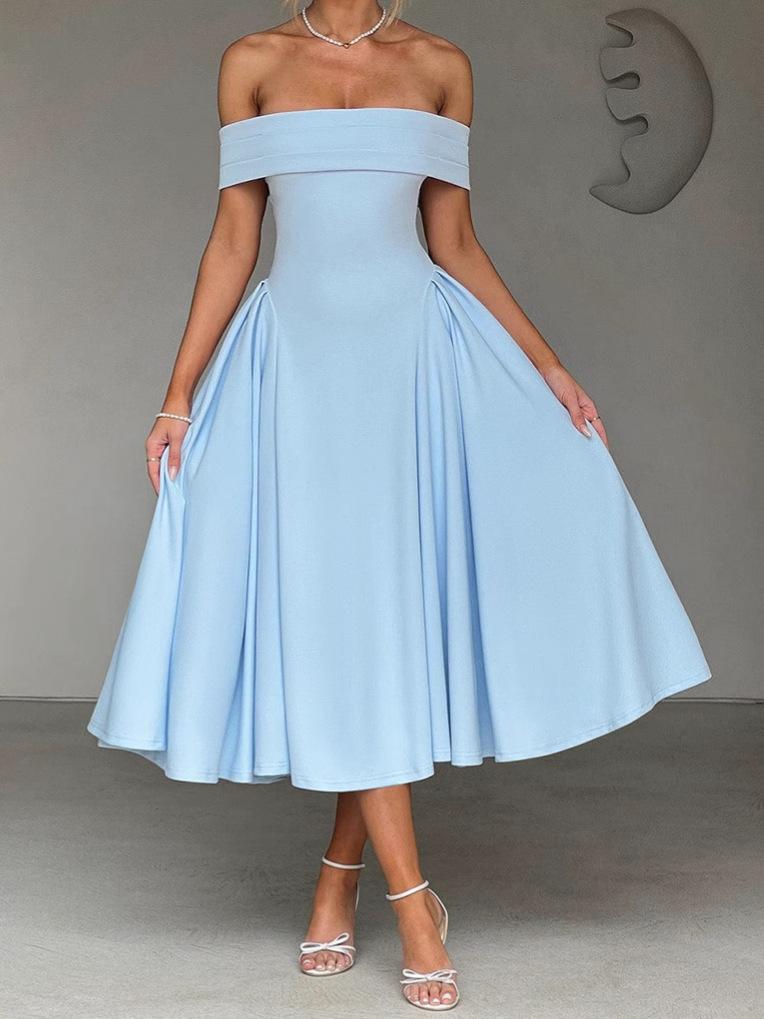 European and American Women's Clothing Fashionable and Sexy One-word Collar Long Dress Backless Solid Color Tube Top Dress