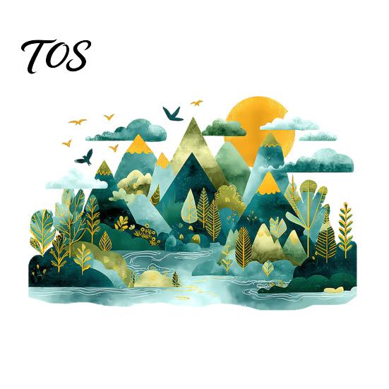 Easy Installation Wall Graphics 2Pcs Watercolor Mountain Sticker, Peel And Stick Landscape Decal, PVC Waterproof Scenery Boho Stickers Mural,