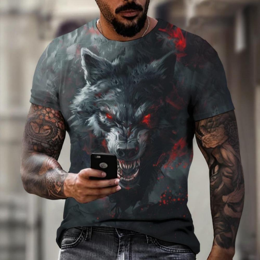 Men's T-shirt Outdoor Breathable Round Neck Top Summer Short Sleeve Wolf Print 3D Pattern Large Loose Men's Clothing