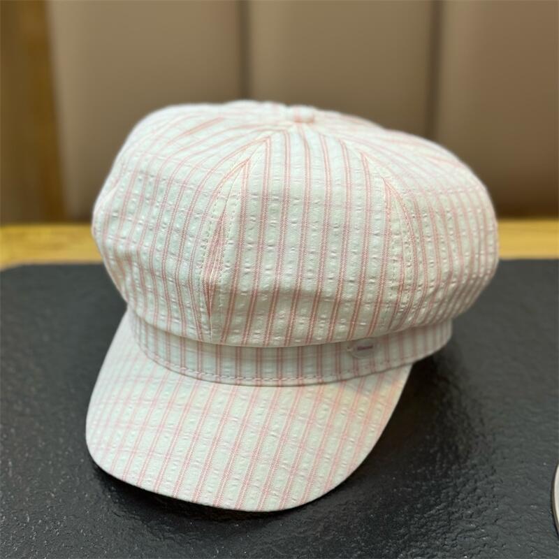 Spring Summer Vintage Stripe Octagonal Beret Hat Women Newsboy Cap Wide Brim Casual All-match Thin Sweet Hat