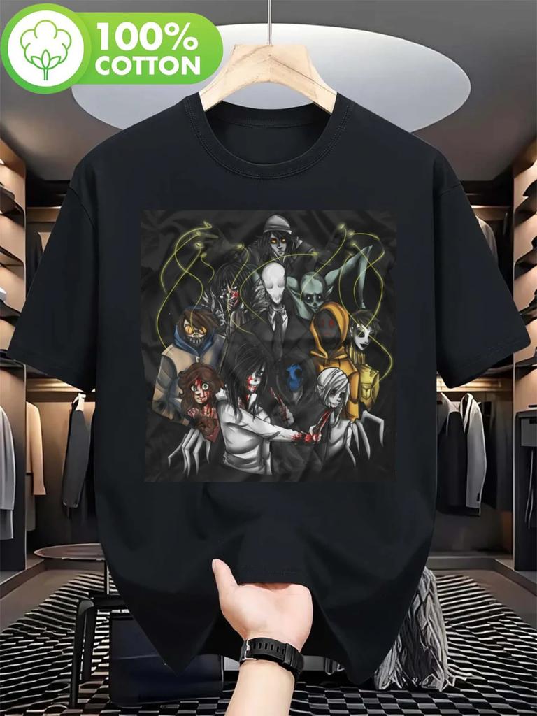 Men's Terrifying Halloween T-shirt Pure Cotton Casual Shirt with Weird Character Pattern Regular Version Comfortable All Seas...