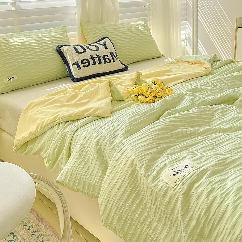 Korean Style Seersucker Washed Cotton Summer Quilt Four-Piece Set Bare Sleeping Quilt Summer Blanket Airable Cover