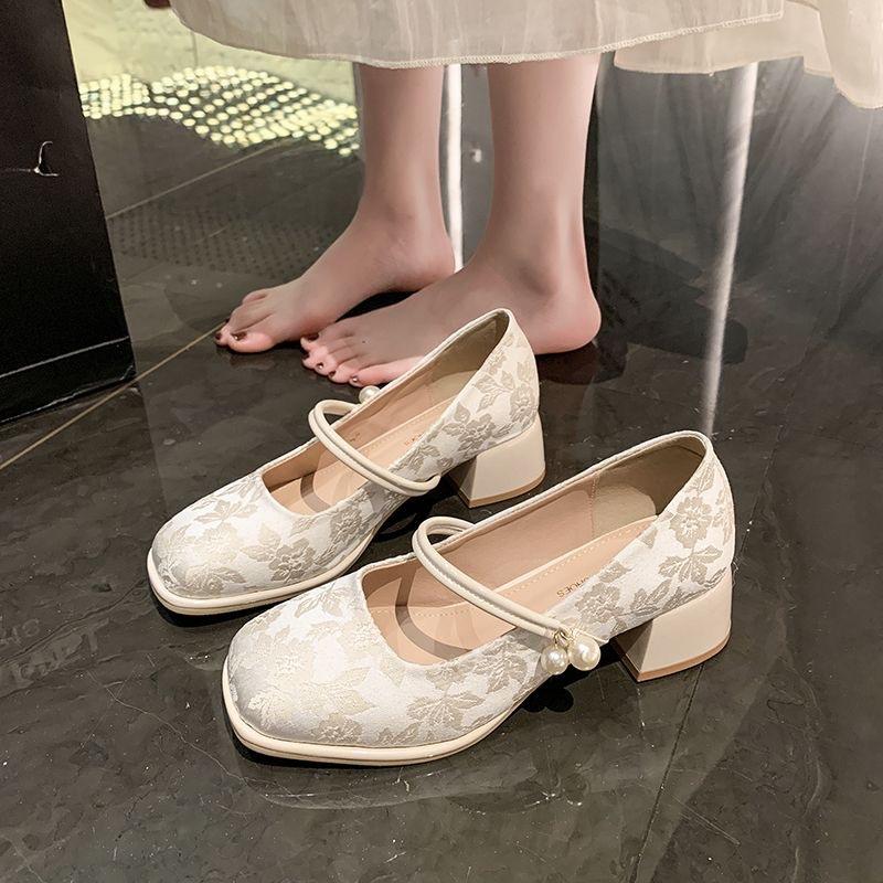 Increase height and show leg length temperament pearl single shoes summer new Chinese style national style with cheongsam temperament high heels