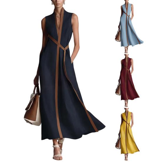 Sommer ärmelloses Kleid für Damen, lässig, Stehkragen, V-Ausschnitt, Maxikleid, fließend