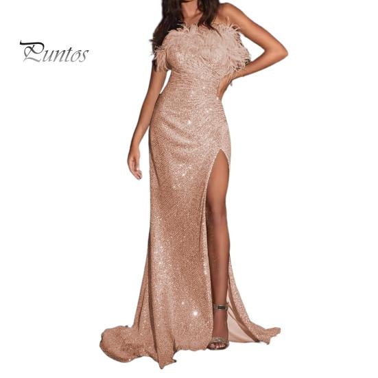 

Женское вечернее платье с блестками, без рукавов, бандо с открытыми плечами, облегающее, длиной до пола, с перьями, с высоким разрезом, для коктейльной вечеринки, свадьбы, банкета S