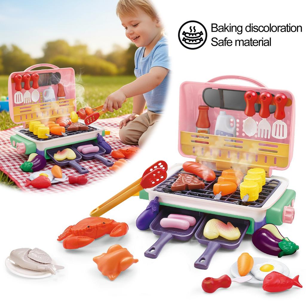 Kids Simulated Barbecue BBQ Grill Playset with Spray Light and Sound Pretend Play Kitchen Cooking Toy BBQ Educational Toys