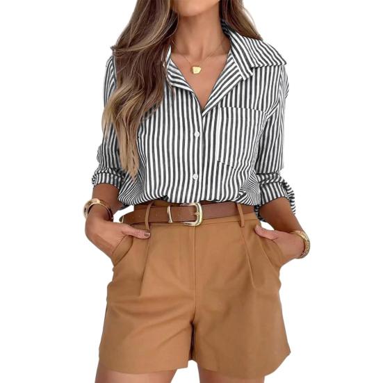 Women Shirt Lapel Long Sleeve Single Breasted Shirt Tops with Patch Pockets Striped Print Loose Fit Office Lady Casual Shirt