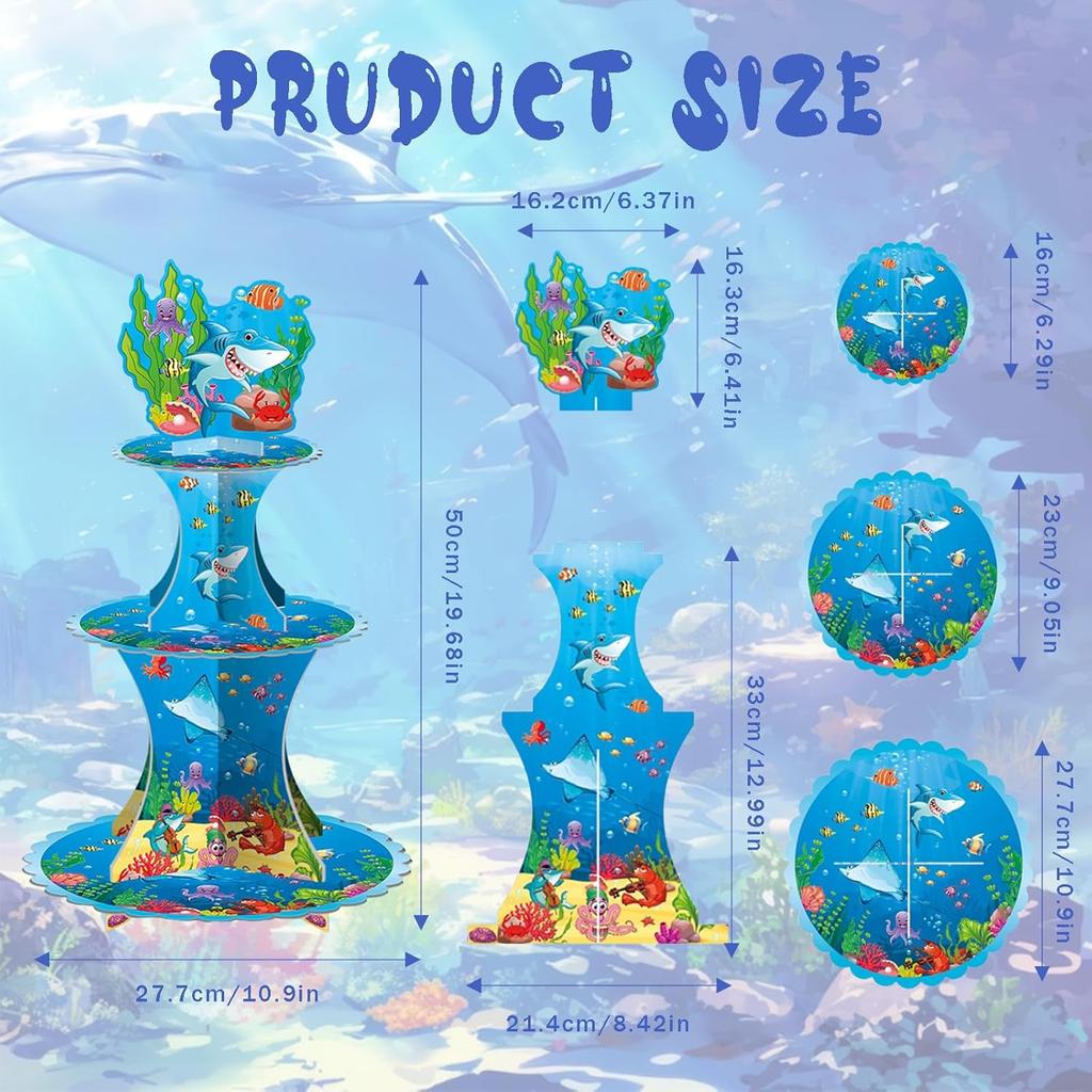 Under The Sea 3 Tiers Cupcake Holder Ocean Shark Cake Stand Birthday Party Decorations Dessert Cupcake Fish Beach Party Baby Shower Supplies