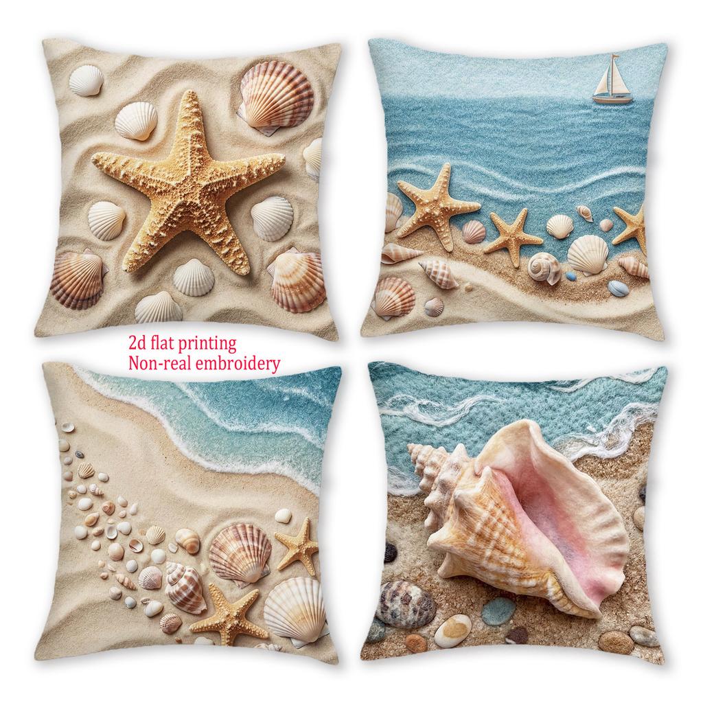 1/4pcs Coastal Beach Throw Pillow Covers with Starfish Seashell Sailboat Nautical Summer Ocean Home Decor Cushion cover